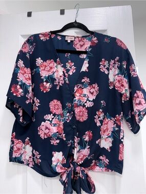 cezanne Navy Floral Tie-Front Blouse with Pink Blooms
